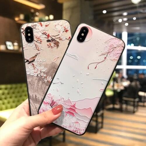 Landscape Magpie Painted Embossed Phone Case for iPhone 11 12ProMax X XR XSMAX Soft TPU Back Cover for iPhone 6 7 8 Plus Coque