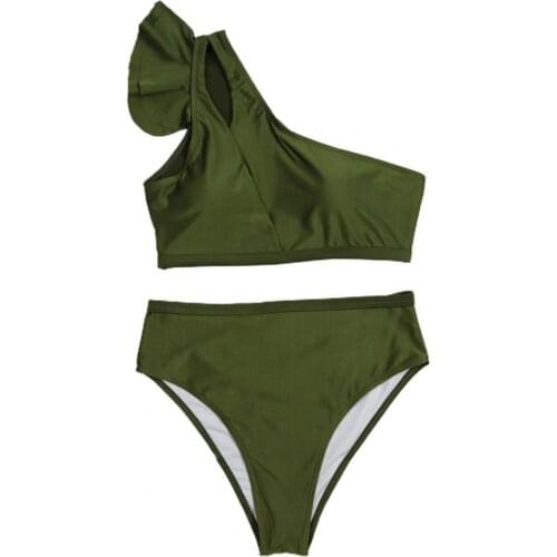 Women One Shoulder High Waist Two-piece Ruffle Bandeau Bra Briefs Swimsuit Bikini Bathing Suit for Beach