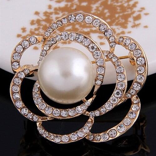 Fancy Gold Color CZ Diamante Rhinestone Pearl Rose Flower Pins Brooch Elegant Party Costume Broaches