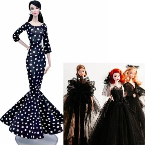 Classic Black Longsleeve Dotted Polka Dress For Barbie Clothes Princess Fishtail Party Gown 1/6 BJD Dolls Accessories Kids Toy