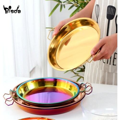 1Pcs Stainless Steel Round Plate Cake Pan Pizza Baking Tray Double Handle Cold Noodle Making Tools Serving Food Kitchen Tray