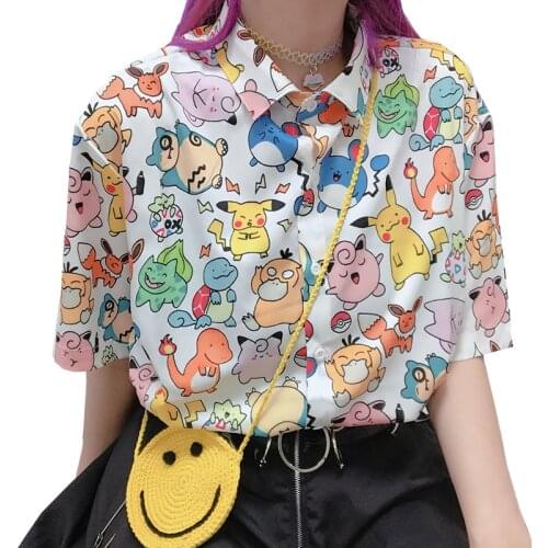 Pokemon Summer Kawaii Shirt Female Button Up Shirt Harajuku Cute Retro Cartoon Pikachu Print Loose Short Sleeve Women Tops Shirt