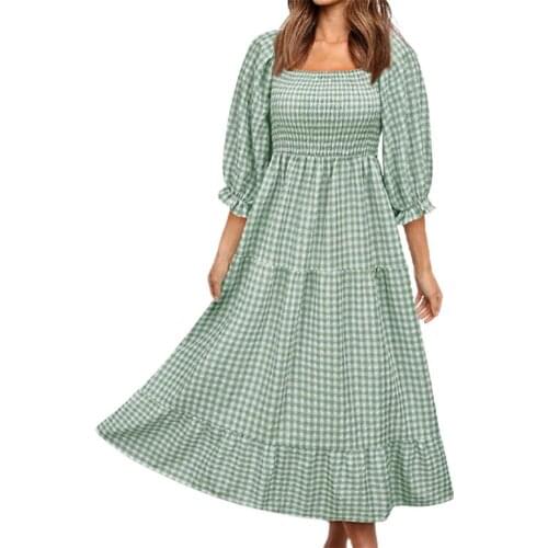 Soft Casual Square Neck Elastic Waist Summer Dress Comfy Women Dress Large Hem Sundress