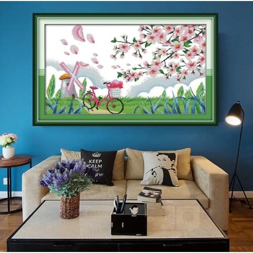Bicycle Spring Scenery Cross Stitch Kit painting DMC Counted Outskirts Embroidery Needlewor printed pattern Cross-stitch set