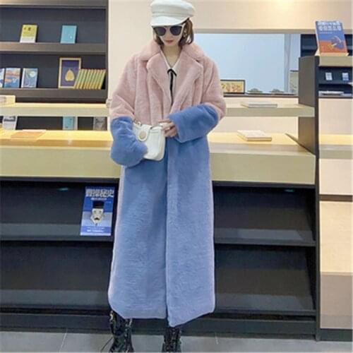2021 Winter Fashion New Mid-Length Lapel Long-Sleeved Loose Color Matching Imitation Mink Velvet Thick Warm Fur Coat Female H242