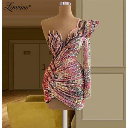 Formal Short One Shoulder Evening Dresses Sequined Cocktail Party Dress 2021 Arabic Dubai Prom Dress Plus Size Evening Wear Robe