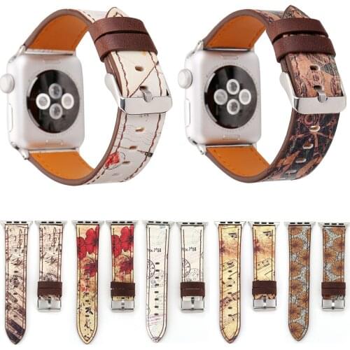 Floral Print Leather Strap For Apple Watch Band 42/44mm 38/40mm Series 1 2 3 4 Retro Stamp Musical Note Wristbands For iWatch
