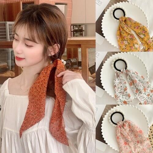 Ruoshui Summer Ribbon Scrunchies Printed Floral Pearl Hair Ties Twister Femme Elastic Hairband Girls Hair Accessories Headwear