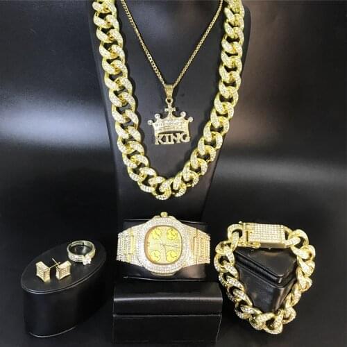 Luxury Men Gold Watch Hip Hop Men Ice Out Cuban Necklace Men Watch & Necklace & Braclete & Ring & Earrings Jewerly Set For Men