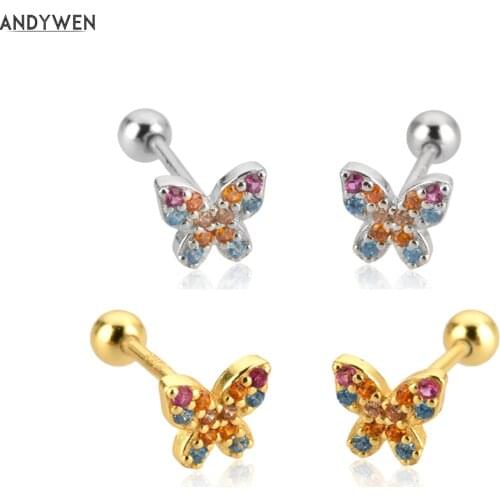 ANDYWEN 925 Sterling Silver Gold Sunmmer Colorful Butterfly Piercing Stud Earring Women Fashion CZ ZIrcon Clips Jewelry