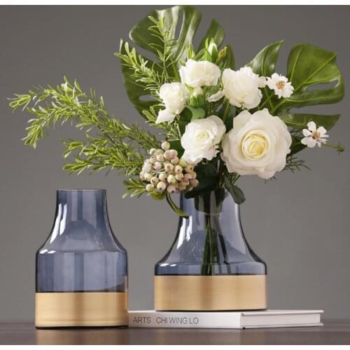 Modern Blue Gold Bottom Glass Vases Home Room Entrance Hydroponic Floral Decor Romantic Dining Table Flower Vase Home Decoration