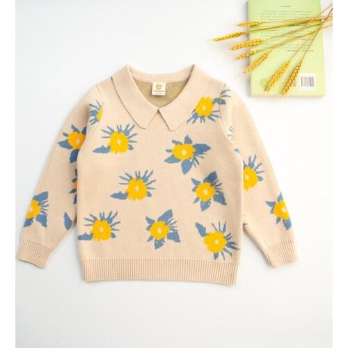 Baby Girls Sweater Flower Pattern School Girls Sweaters Autumn Toddler Collared Knitwear Jackets Winter Children Knit Tops