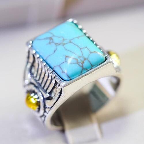 Vintage Large Natural Blue Stone Rings For Women Bohemian Engraving Pattern Female Finger Ring For Women Men Party Gifts Z3M031