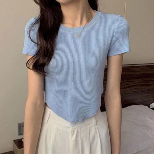 T-shirt Women Tops 2021 Knitted O-Neck Solid Slim Rib Womens Tee Shirts Ladies Female Summer Casual Fashion T Shirts