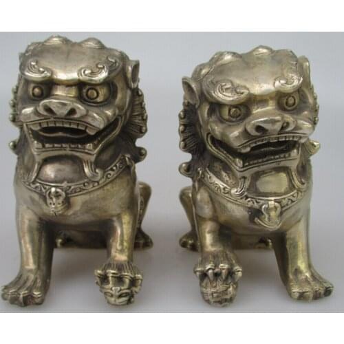Antique antiques Collectible Decorated Old Handwork Tibet Silver Carved Fu Foo Dog Statue/ sculpture