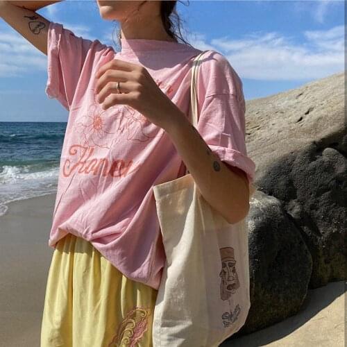 Pink T Shirt Flowers Printed Vintage Clothes Cotton t-shirt Aesthetic tshirt Women 2021 Camisetas de Mujer