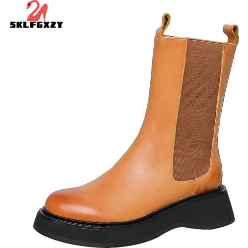 SKLFGXZY 2021 Winter Chelsea Boots Ladies Cow Leather Shoes for Women Wedges Warm Fur Platform Snow Boots Female