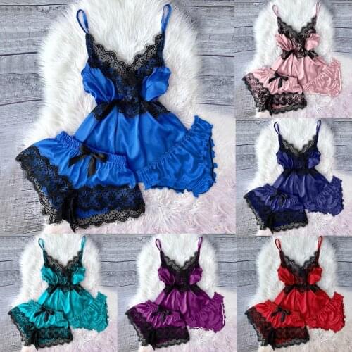 Women Pajamas Set Sexy Lace Satin V-Neck Eyelash Lace Camisole Bowknot Sexy-Lingerie Femme Sleepwear Комплект женской пижамы