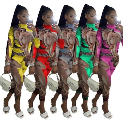 FNOCE autumn womens sets tracksuits sexy nightclub fashion trends Body art print long sleeve tops trousers Sport Two Piece Suit