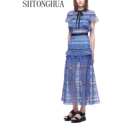 SHTONGHUA Spring Women Long Dress 2019 Self Portrait Runway Lace Hollow Out Ruffles Short Sleeve Female Bow Party Dress