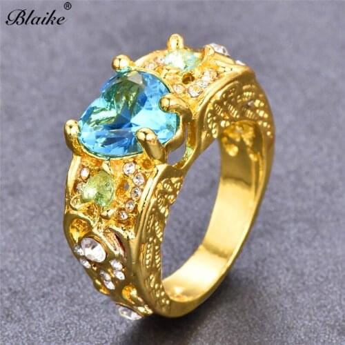 Blaike Luxury Yellow Gold Filled Rings For Women Cute Heart Aqua Blue Cubic Zirconia Ring Fashion Brand Jewelry Female Gifts