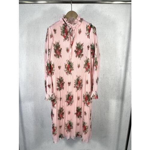 New Ladies Fashion 2021 Long Sleeve Stand Collar Pleated Printed Dress 0313