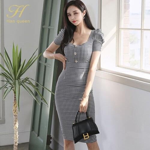 H Han Queen New Square Neck Retro Plaid Vestidos Simple Chic Work Wear Dress Womens Office Bodycon Sheath Casual Pencil Dresses