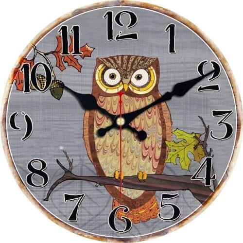 16Inch Clock Arabic Numerals Rustic Country Tuscan Style Wooden Decorative Round Wall Clock Cute Cartoon Vintage Owl Design