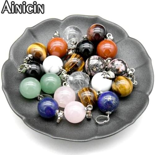 20pcs Natural Semi-precious Stone 14mm Round Ball Pendants Fashion Necklace Earrings Making Findings Lapis Agate Crystal Jewelry