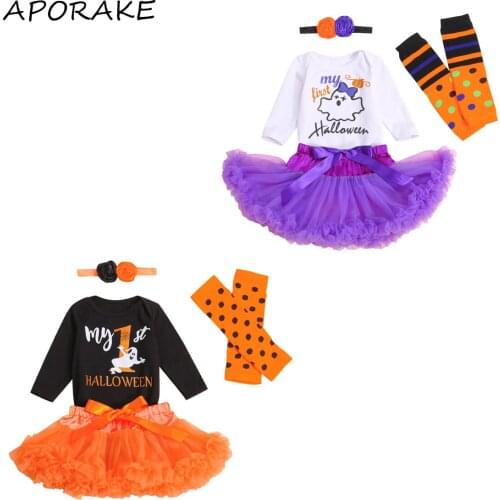 2021 0-24M Baby Girls Clothes My 1st Halloween Outfits Ghost Letter Print Long Sleeve Romper+Bow Tutu Skirt+Leg Warmers 5pcs Set