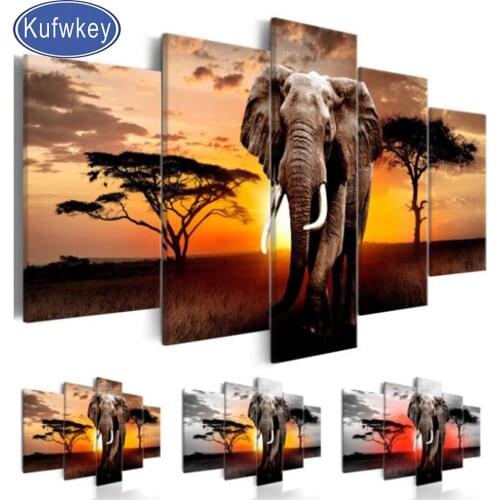 5Pcs Sunset Elephant Large Landscape diamond embroidery 5d diamond painting full square diamond mosaic picture of rhinestones