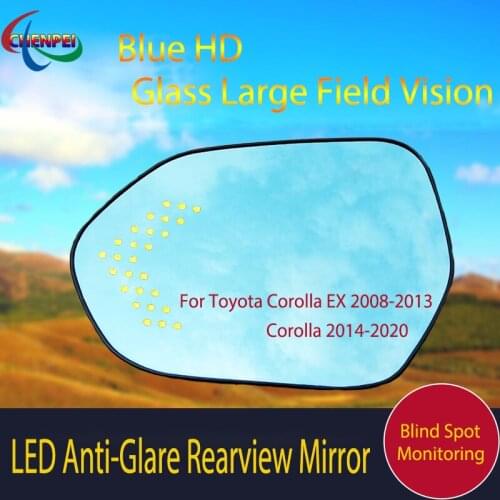 Large View Blue Mirror Anti-Glare Electrically Heated Rearview Mirror With LED Turn Indicator For Toyota Corolla EX 2008-2013