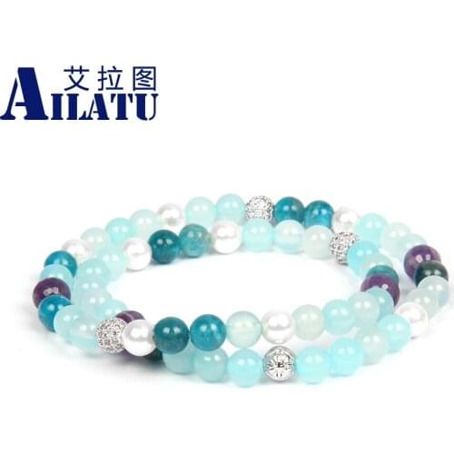 Ailatu New Womens Wristband Bracelet with 6mm Natural Apatite &Purple Crystal Stone Beads