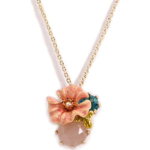 European and American Fashion Personality Trend Enamel Glaze Nude Pink Flower Blue Opal Necklace Clavicle Chain Female New