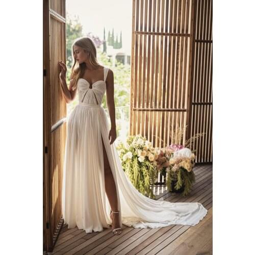 Boho Sweetheart Wedding Dress Pleats Beach High Side Slit Long Chiffon Bridal Gown Spaghetti Straps Princess Vestidos De Novia
