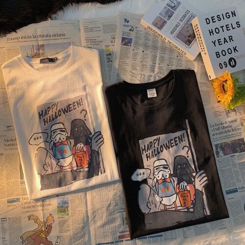 100% cotton American casual retro short-sleeved T-shirt ladies summer loose trend wild ins cartoon printing half sleeve M-xxL