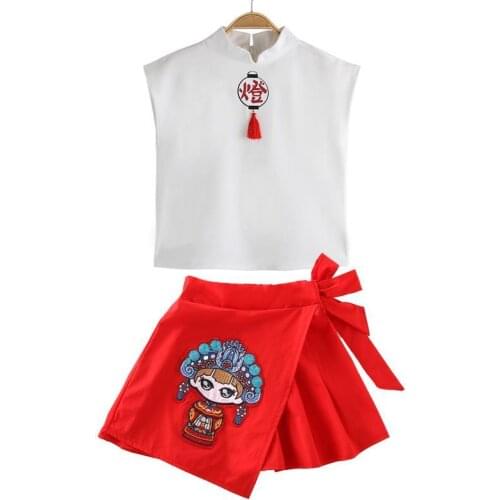 Girls Suit Summer Childrens Short-Sleeved T Shirt +skirt Costume Girl Chinese Style Retro Culottes Two-Piece Suit 4-12 Ages