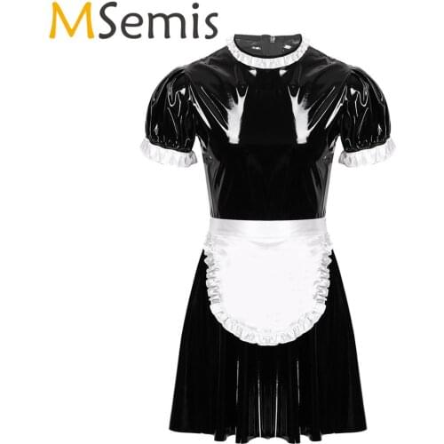 MSemis Men Male Sissy Maid Dress Cosplay Costume Clubwear Short Puff Sleeve Latex Maid Servant Uniform Flared Dress with Apron