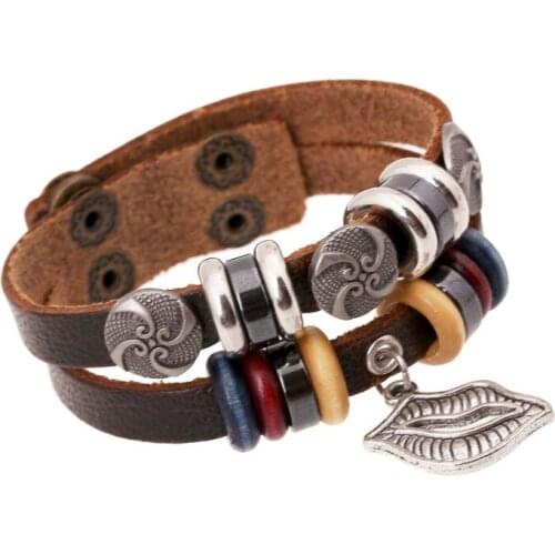 Fashion Women Vintage Leather Bracelet Cuff Sexy Lips Beads Charms Wrap Bangle Multi-layer Wristbands Retro Casual Jewelry Gift