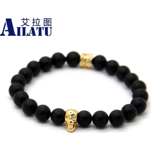 Ailatu New Design Mens Bronze Yoga Skull Bracelet Made with 8 mm Round Matte Glass Beads