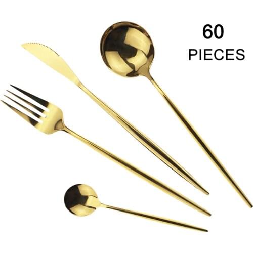 60Pcs/set Gold Cutlery Set Knife Fork Spoon Dinner Set Mirror Tableware Set 304 Stainless Steel Dinnerware Set Kitchen Flatware
