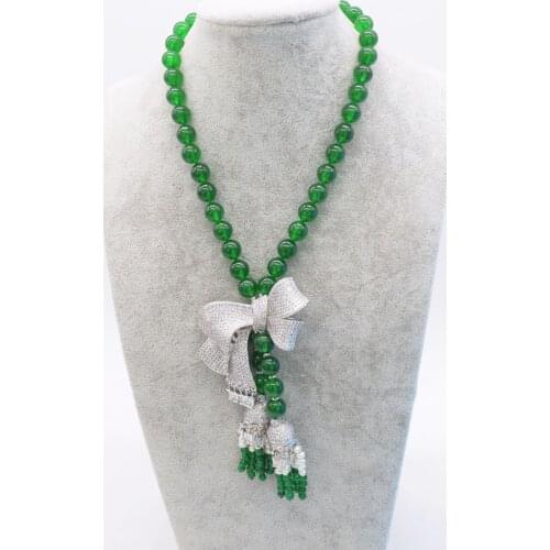 Wholesale freshwater pearl/green jade 8-9mm white near round &bowknot tassel neklace 20inch