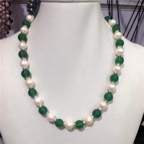 19" Natural freshwater pearl necklace 10-11MM Green Agate Necklace