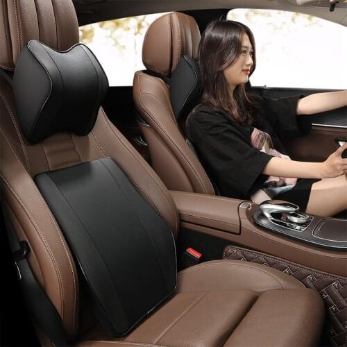 KKYSYELVA PU Car Auto Seat Supports Back Cushion And Headrest Neck Pillow Memory Foam Lumbar Back Support Interior Accessories