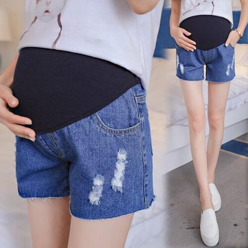 Ripped Hole Washed Denim Maternity Shorts Elastic Waist Belly Short Jeans Clothes for Pregnant Women Summer Pregnancy clothing