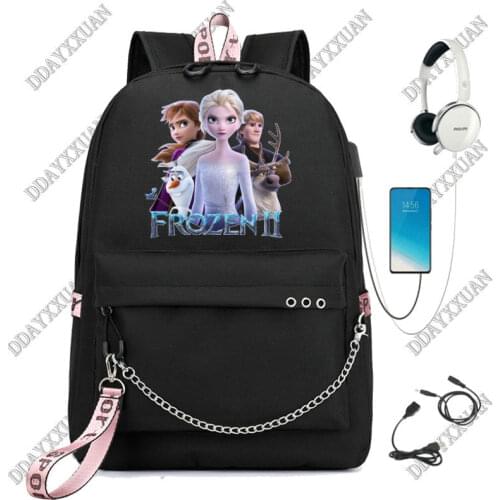 Disney Frozen Leisure USB Chargeable Backpack Female Creative Pattern Soft Girl Student Schoolbag Female