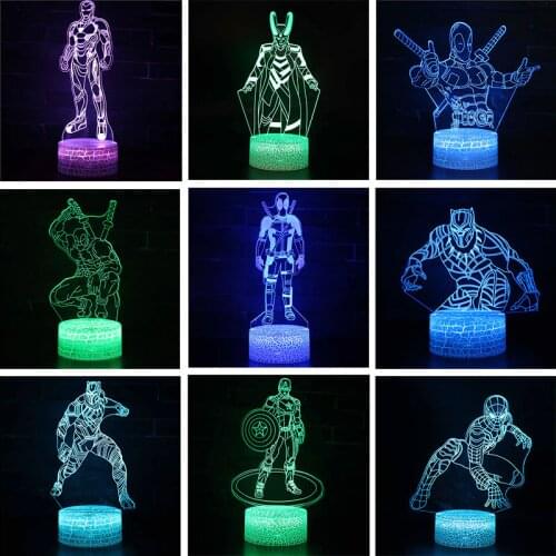 Marvel 3d LED Light for Kids Black Panther Loki Spider-Man Iron-Man Deadpool Figure LED Table Nightlight for Room Decor Gifts