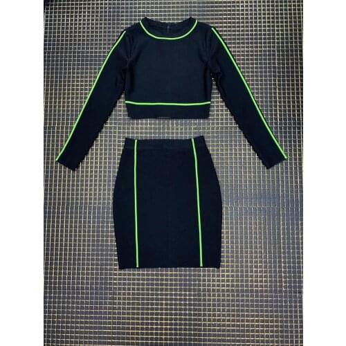 High quality 2020 new sexy fashion long sleeve bandage dress set two pieces black celebrity bandage dress wholesale direct ship