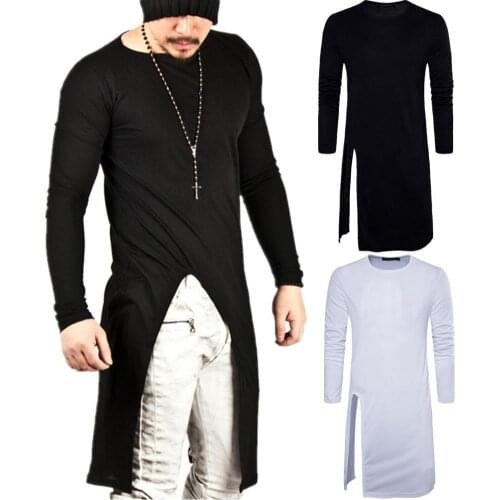 Fashion 2020 Spring summer long style Split black white stretch O-neck new long-sleeved Hot long T-shirt