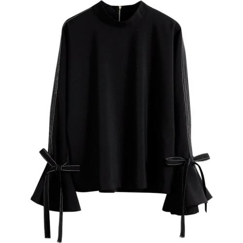 Bella philosophy 2020 Bowtie Flare Sleeve Women Blouses Black female Elegant Zipper Chiffon Shirts Ladies Loose Blousas Tops
